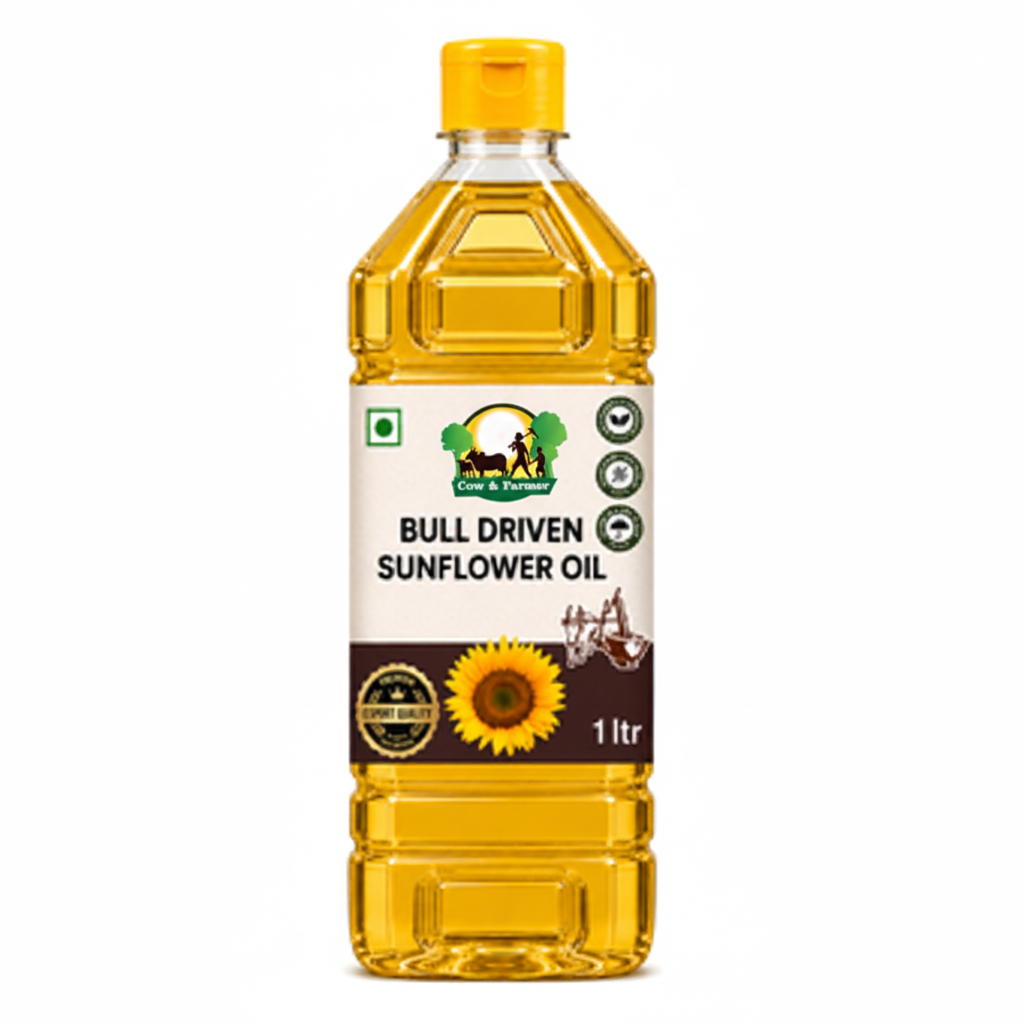 Bull Driven Sunflower Oil bottle with Cow & Farmer logo