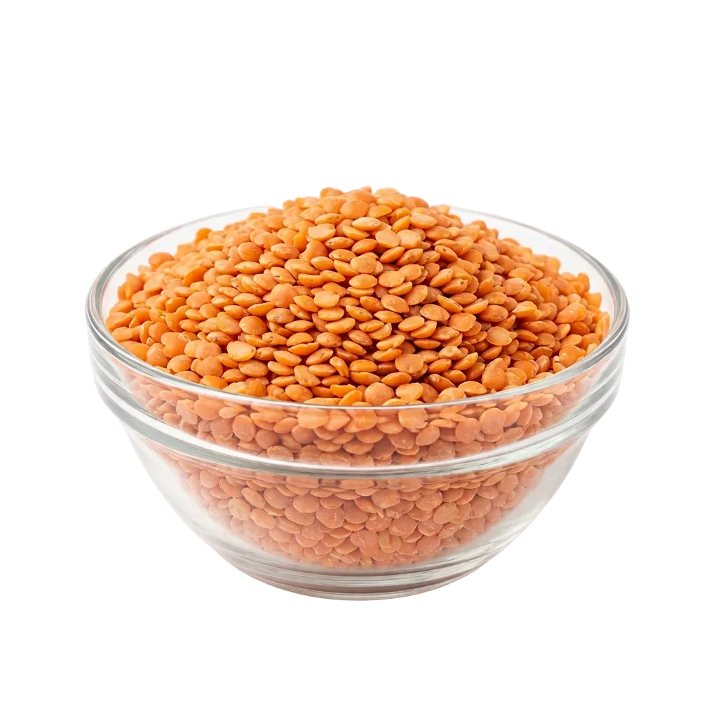 Masoor dal in a glass bowl, edited for a clean pure white background
