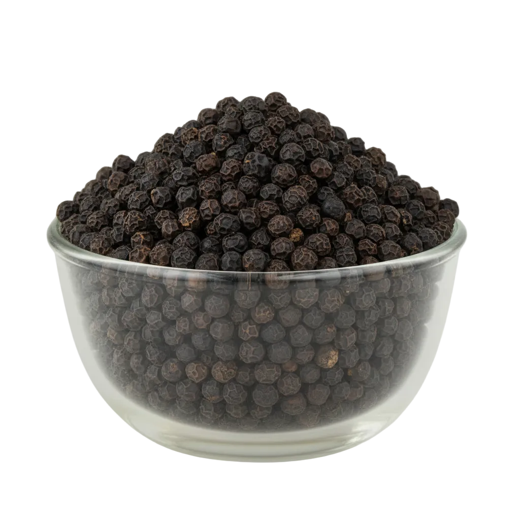 Black peppercorns filling the original glass bowl