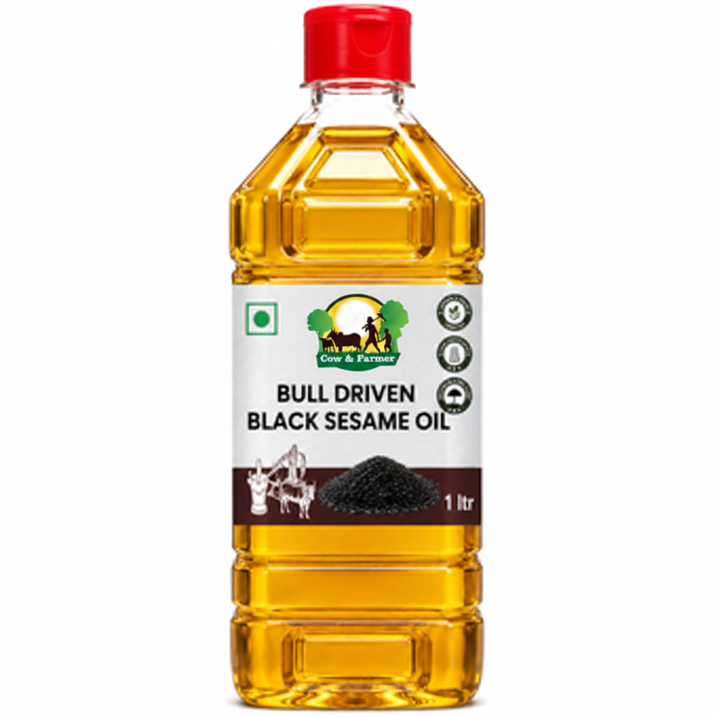 Black Sesame Oil - Bull Driven 1 Ltr with Cow & Farmer logo