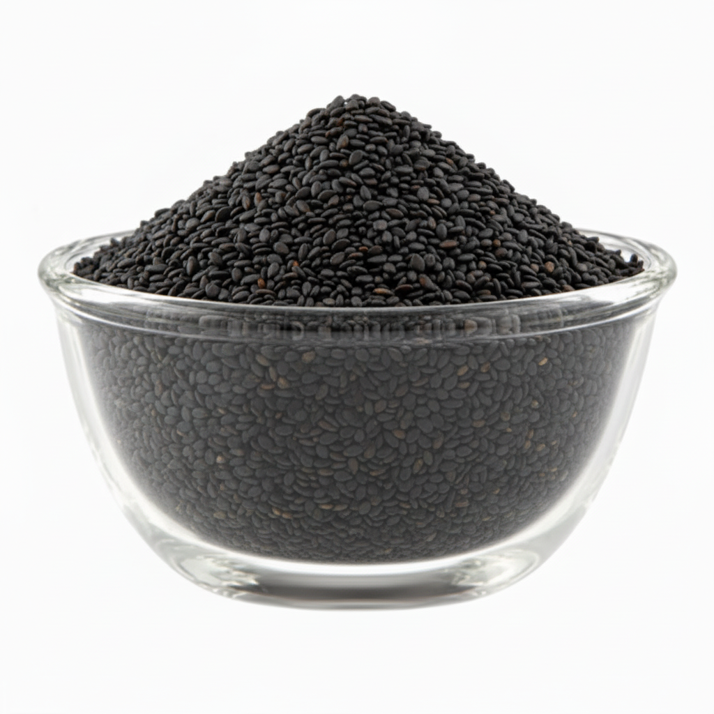 Black sesame tightly packed in the exact glass bowl