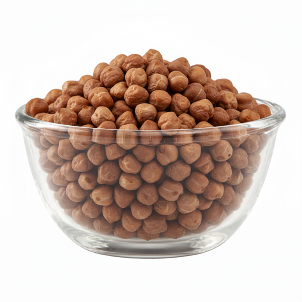 Brown chana in the supplied glass bowl