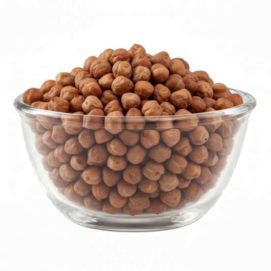 Brown chana in the supplied glass bowl