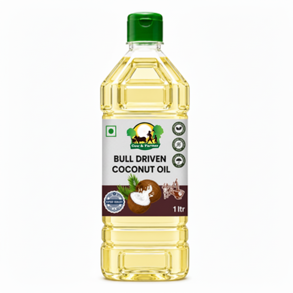 Bull Driven Coconut Oil bottle with Cow & Farmer logo