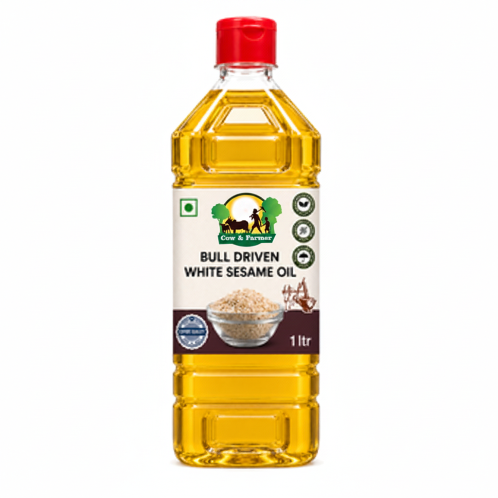 Bull Driven White Sesame Oil bottle with Cow & Farmer logo