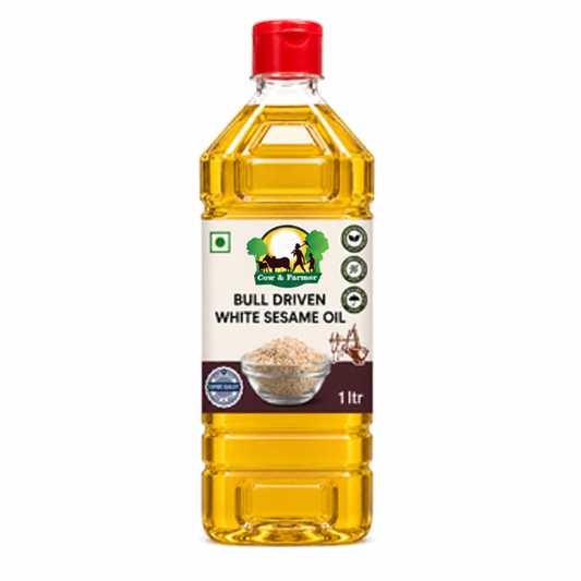 Bull Driven White Sesame Oil bottle with Cow & Farmer logo