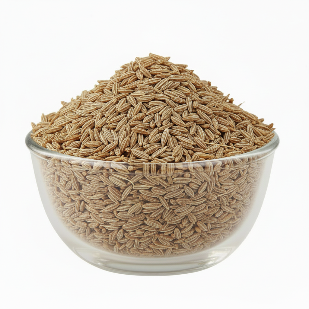 Cumin seeds in the glass bowl