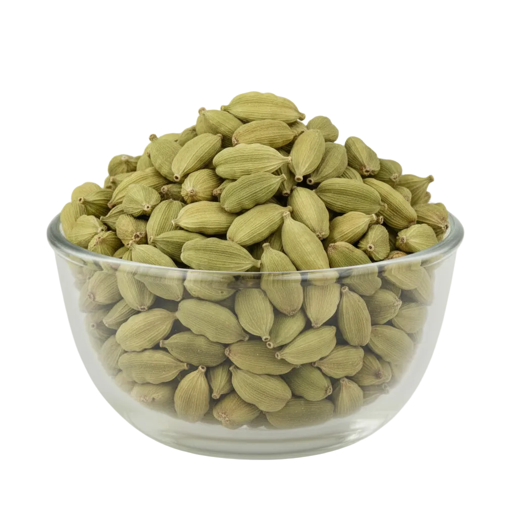 Green cardamom pods filling the original glass bowl