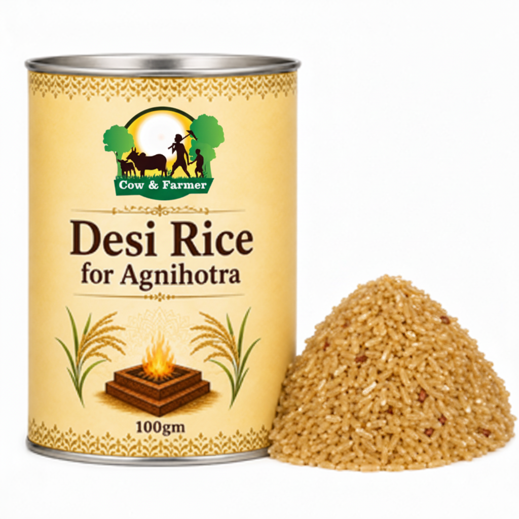 Desi Rice for Agnihotra 100gm with Cow and Farmer logo