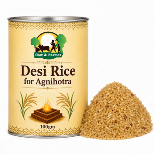 Desi Rice for Agnihotra 100gm with Cow and Farmer logo
