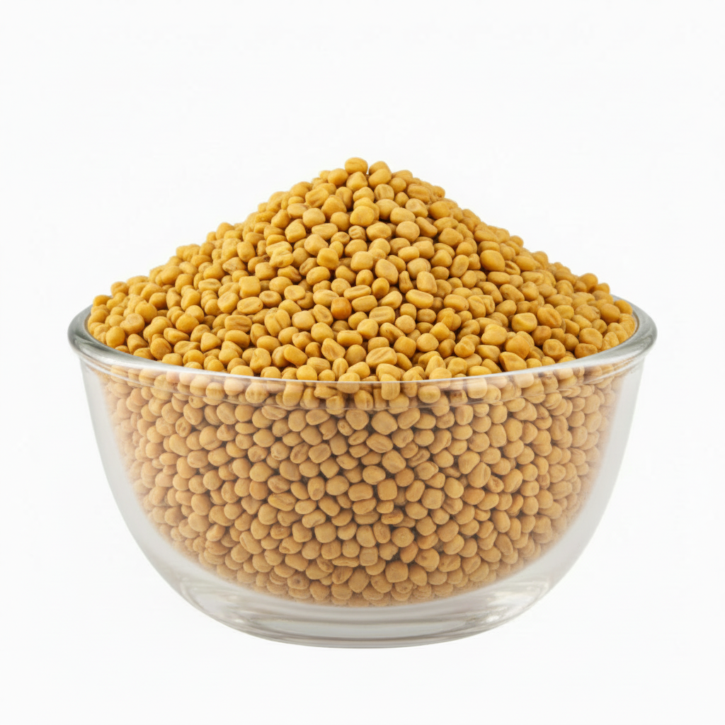 Methi fenugreek seeds in the exact glass bowl