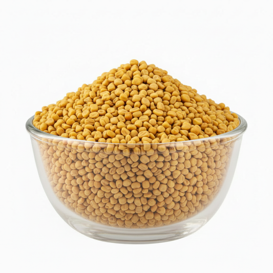 Methi fenugreek seeds in the exact glass bowl