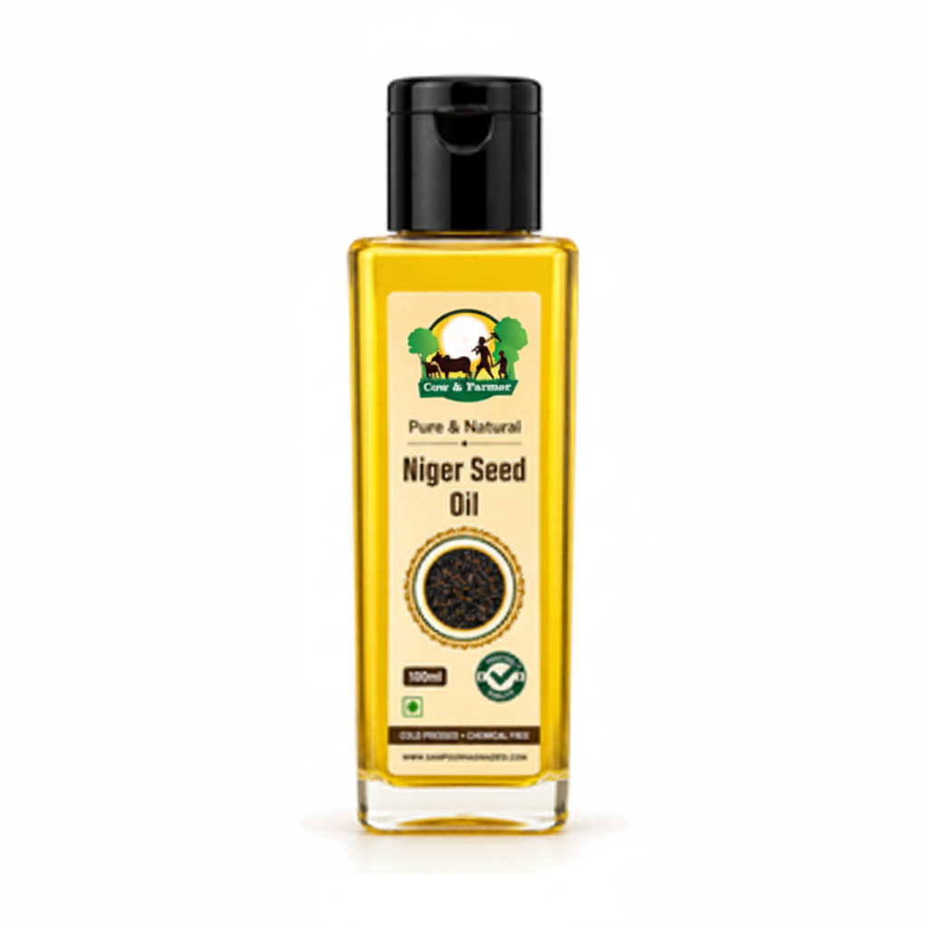 Niger Seed Oil bottle with Cow & Farmer logo