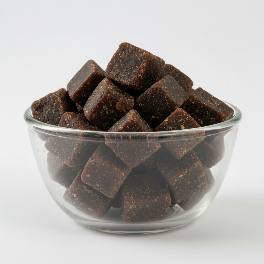 Palm jaggery cubes in a glass bowl on white
