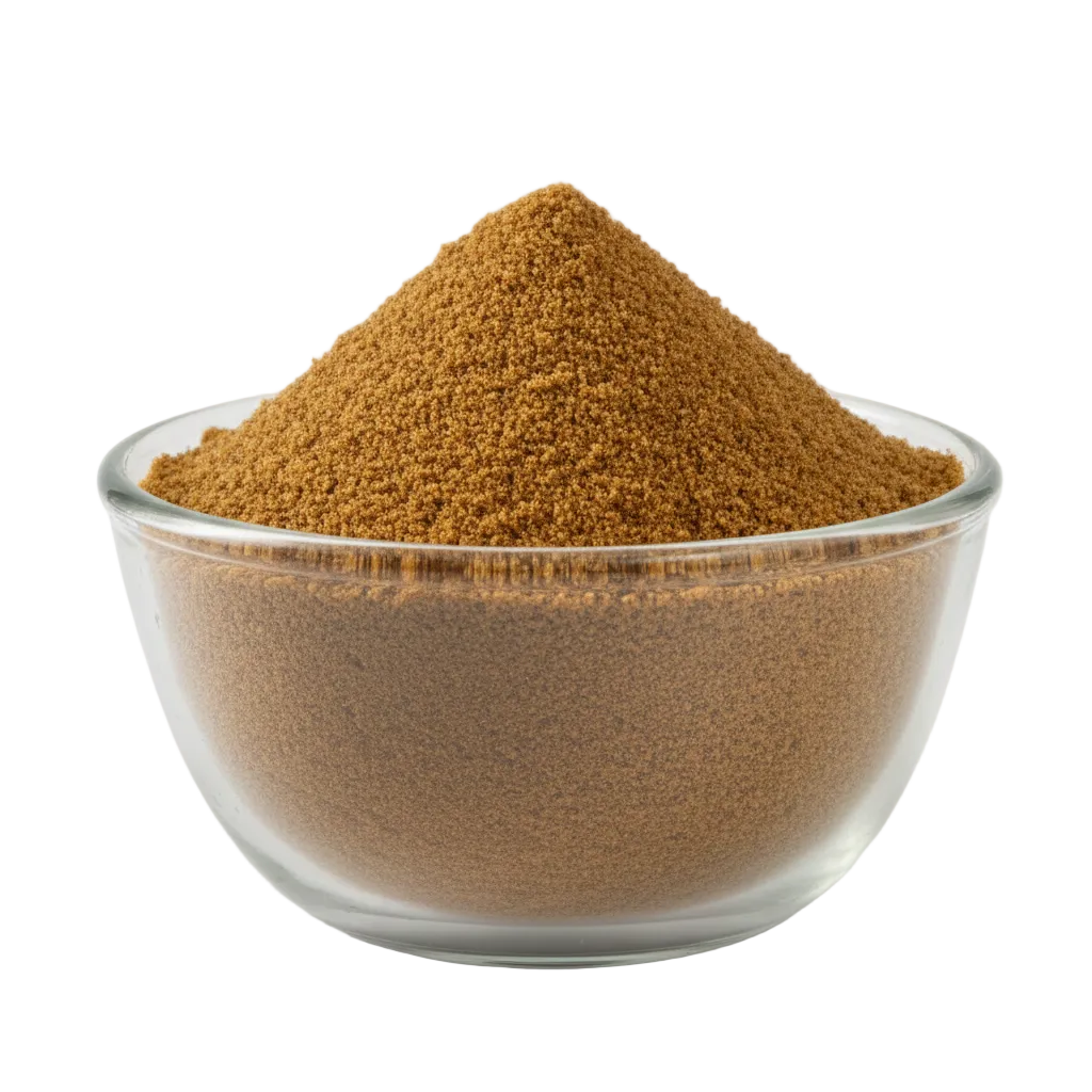 Palm jaggery powder in a glass bowl on white