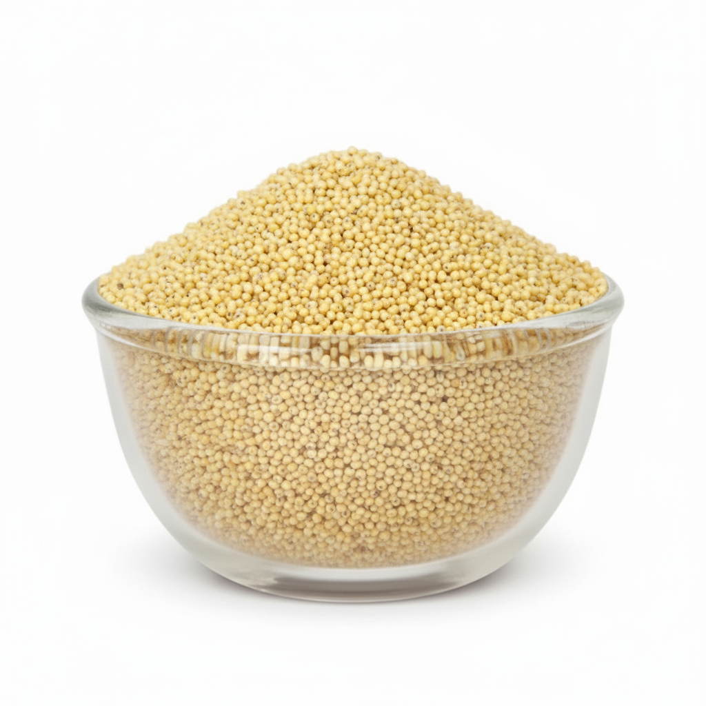 Proso Millet in a large clear glass bowl