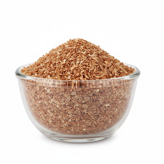 Red rice ravva in a clear glass bowl