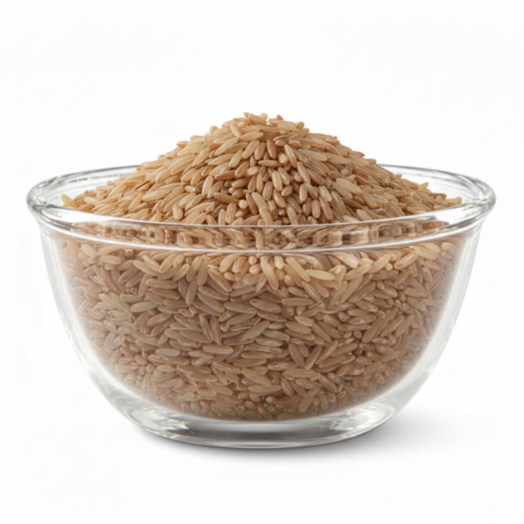 The uploaded empty glass bowl filled with brown basmati rice