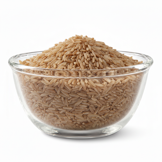 The uploaded empty glass bowl filled with brown basmati rice