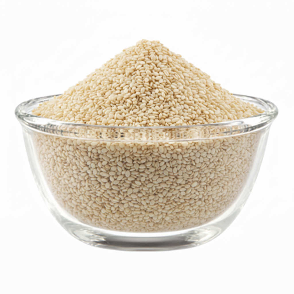 White sesame seeds tightly packed in the exact glass bowl