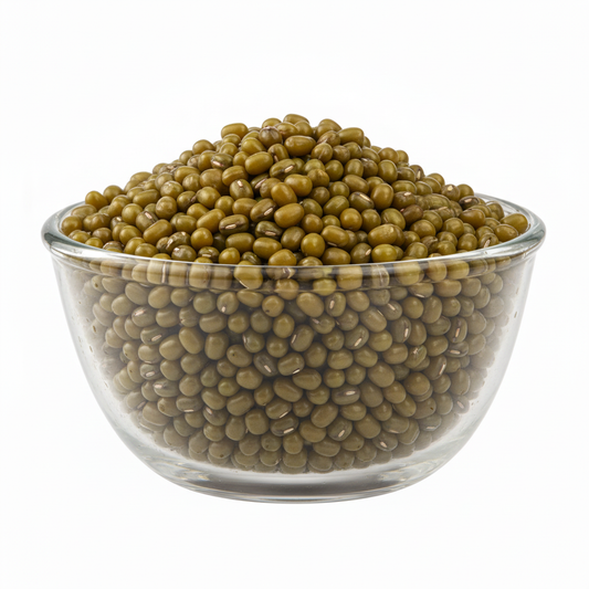 Whole green gram in the supplied glass bowl