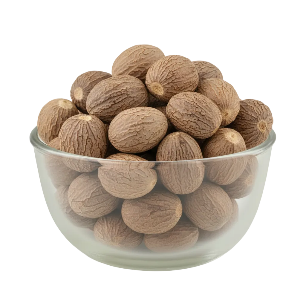 Whole nutmeg seeds in the original glass bowl
